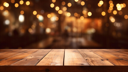image of wooden table in front of abstract blurred background - obrazy, fototapety, plakaty