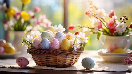 Naklejka na ściany i meble colorful Easter eggs in a wooden basket with green natural background with morning sunrays. 