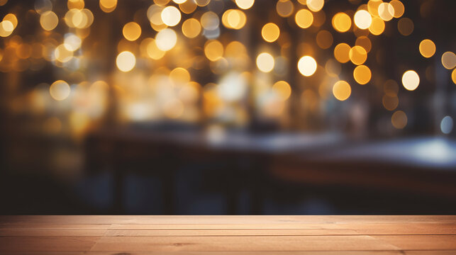 empty wooden table top with lights bokeh on blurred restaurant at night