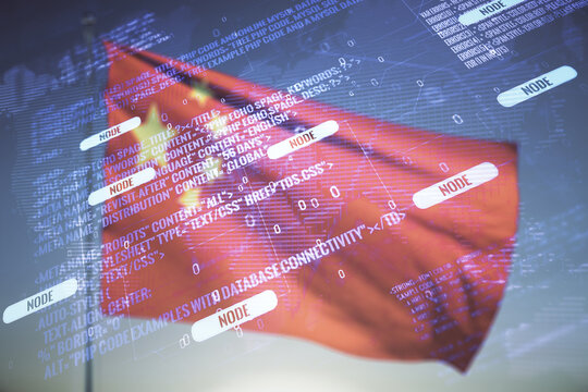 Multi exposure of abstract graphic coding sketch and world map on Chinese flag and sunset sky background, big data and networking concept