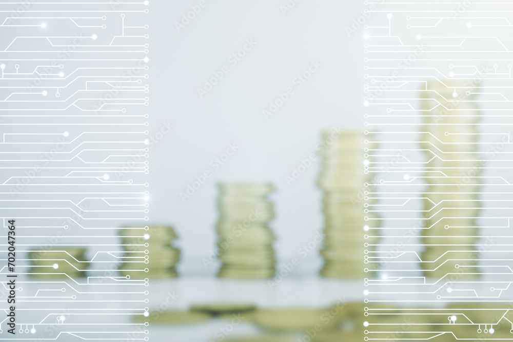 Poster abstract virtual microscheme illustration on stacks of coins background. big data and database conce