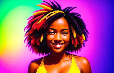 Beautiful african american woman with afro hairstyle on colorful background.