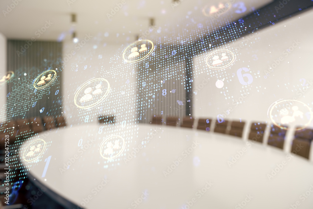 Aufkleber double exposure of social network icons interface and world map on a modern boardroom background. ne