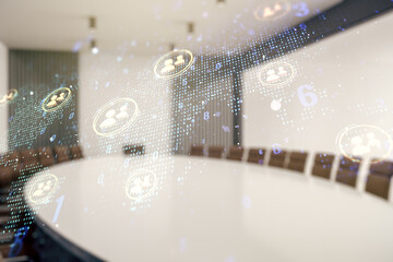 Double exposure of social network icons interface and world map on a modern boardroom background. Networking concept
