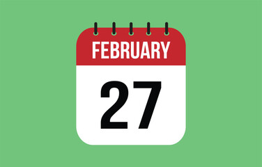 27 February calendar icon. Green calendar vector for February weekdays. Calendar page design on isolated background