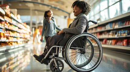 Obraz premium Disabled senior woman in a wheelchair enjoys shopping in a modern supermarket