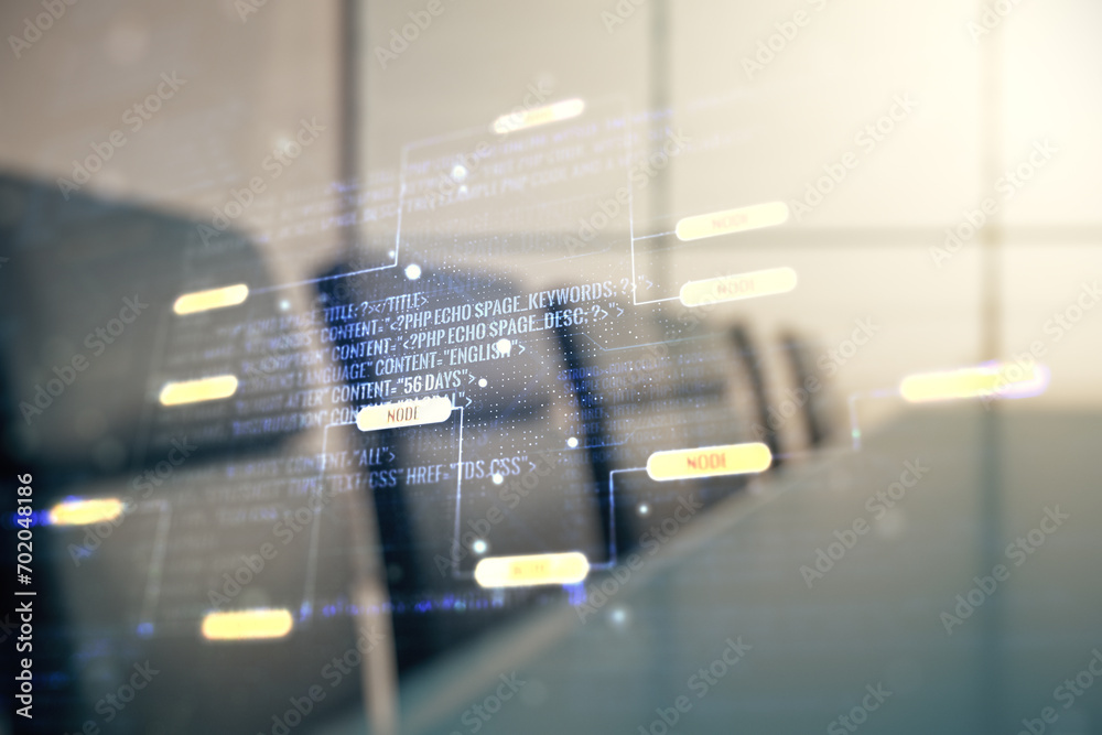 Aufkleber multi exposure of abstract creative coding sketch on a modern conference room background, artificial