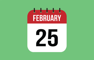 25 February calendar icon. Green calendar vector for February weekdays. Calendar page design on isolated background