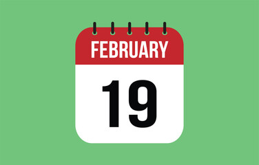 19 February calendar icon. Green calendar vector for February weekdays. Calendar page design on isolated background