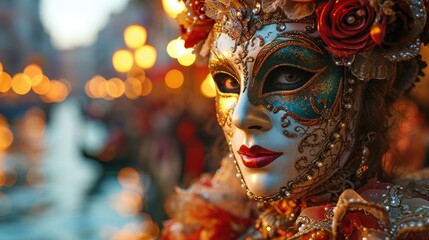woman wearing a colorful eleborate venetian carneval mask - obrazy, fototapety, plakaty