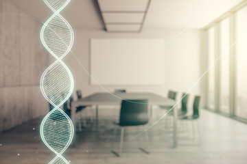 DNA hologram on a modern coworking room background, science and biology concept. Multiexposure