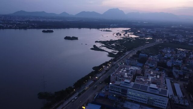Epic aerial view of Noyyal River Ukkadam Periyakulam Park, Coimbatore city view at night, Tamil Nadu, India