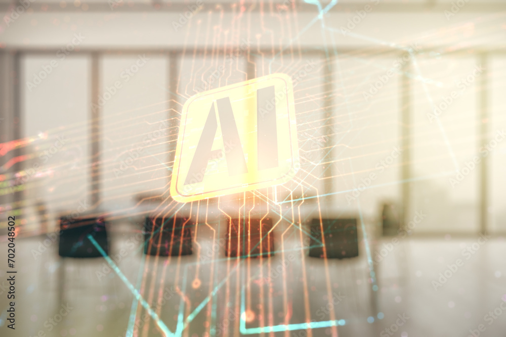 Aufkleber double exposure of creative artificial intelligence icon on a modern meeting room background. neural