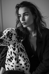woman with a dalmatian dog - black and white portrait