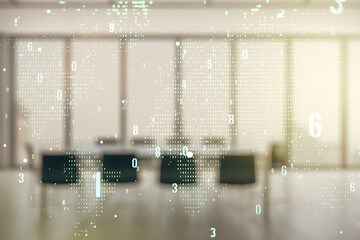 Multi exposure of abstract software development hologram and world map on a modern meeting room background, global research and analytics concept