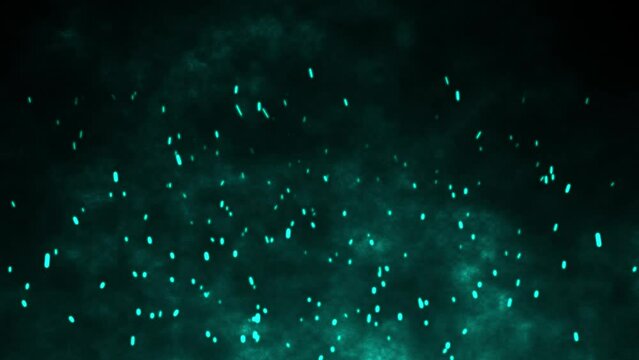 3D animation motion flames fiery hot ember sparks firework glow flying burning particles on black background visual effect 4K teal aqua