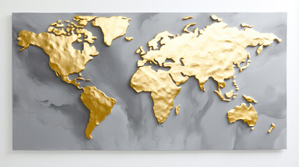 Golden world map on gray gray-white background 