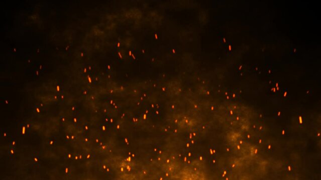 3D animation motion flames fiery hot ember sparks firework glow flying burning particles on black background visual effect 4K orange red