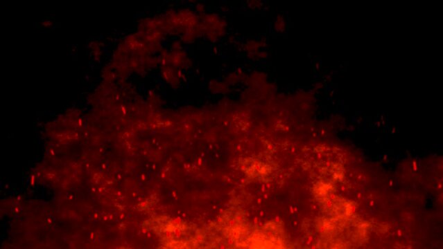 3D animation motion flames fiery hot ember sparks firework glow flying burning particles on black background visual effect 4K red lava