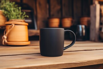 Close up photo of black mug on wooden table, indoor summer background