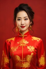 Studio portrait of happy young asian woman wear traditional chinese costume on red background, Happy chinese new year.