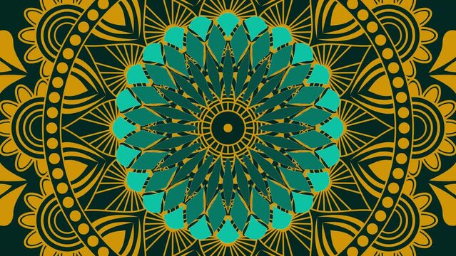 Gold and dark green mandala ornament background looping smoothly, arabic islamic style for any purpose. Abstract ornamental digital gold color mandala. Floral vintage decorative elements oriental