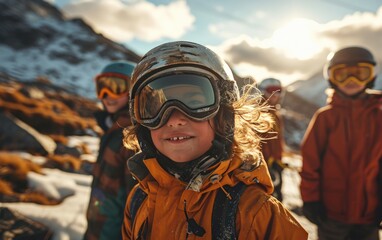 boy skier with friends with Ski goggles and Ski helmet on the snow mountain - Powered by Adobe