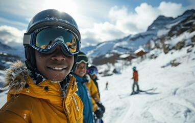 Fototapeta na wymiar boy skier with friends with Ski goggles and Ski helmet on the snow mountain