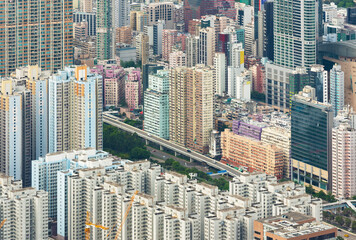 Naklejka premium Aerial view of downtown district of Hong Kong City