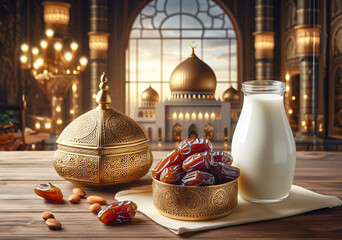 Ramadhan fasting, ajwa dates in a golden container on a wooden table, milk in a glass, mosque background with dome - obrazy, fototapety, plakaty
