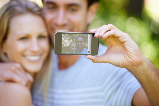 Selfie, photography or happy couple on social media in park to relax together on holiday vacation. Smile, woman or man in picture or photo for bonding with love, support or hug on an online post