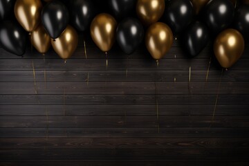 Naklejka premium gold and black balloon on black wooden background with copy space for text
