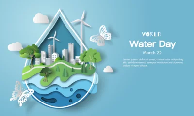 Foto op Canvas World Water Day, save water, a water drop a city inside. Paper illustration and 3d paper. © Sunset Paper's