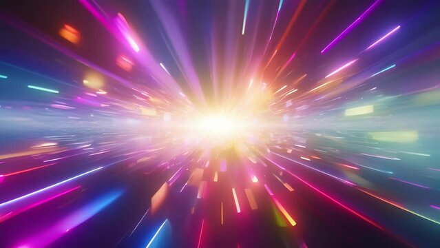 Closeup of the bright flash of light expanding and transforming into a colorful array of energy, symbolizing the release of energy during electronpositron annihilation.