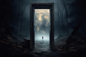man in front of a magic Portal with the mystical gate in a mysterious place - obrazy, fototapety, plakaty