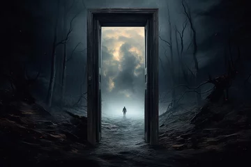Fotobehang man in front of a magic Portal with the mystical gate in a mysterious place © Instacraft.Studio