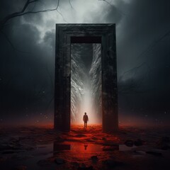 man in front of a magic Portal with the mystical gate in a mysterious place