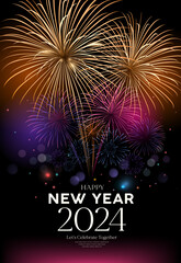 Fireworks colorful, Happy new year 2024 poster flyer design on night background, EPS10 vector illustration
