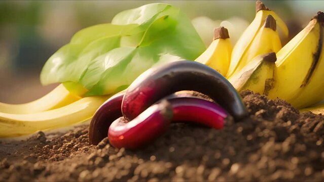 Closeup of a red wiggler worm crawling through a pile of banana peels and coffee grounds.