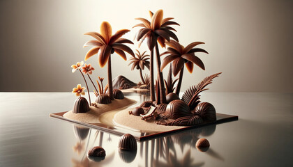 Valentine's Day art, Tropical Beach Scene Sculpted in Chocolate with Reflection - 702051952