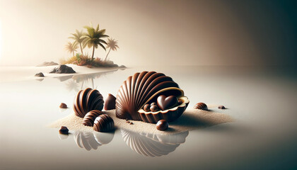 Valentine's Day art, Tropical Beach Scene Sculpted in Chocolate with Reflection - 702051957