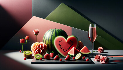 Valentine's Day art, Artistic Fruit Arrangement with Sparkling Wine and Roses