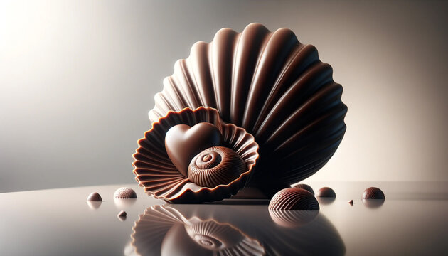 Valentine's Day art, Chocolate Seashell on Sandy Beach with Tropical Island