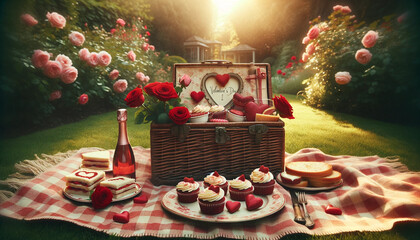 Valentine's Day art, Romantic Picnic Setup with Roses and Sweet Treats - 702052123