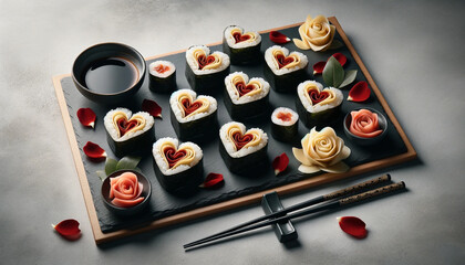 Valentine's Day art, Elegant Sushi Presentation with Rose-Shaped Garnishes - 702052178