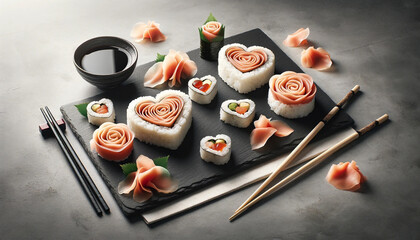 Valentine's Day art, Elegant Sushi Presentation with Rose-Shaped Garnishes