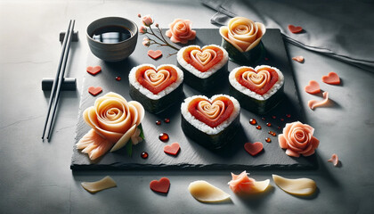 Valentine's Day art, Elegant Sushi Presentation with Rose-Shaped Garnishes - 702052185