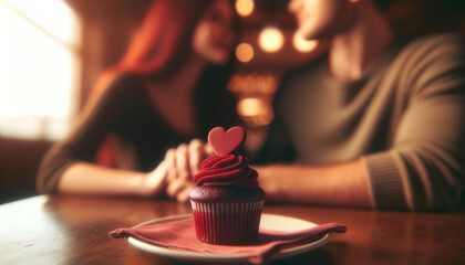 A single red velvet cupcake with a heart-shaped topper, Across a table, a couple is holding hands, the couple is slightly out of focus - Generative AI - obrazy, fototapety, plakaty