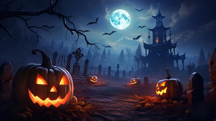 halloween scene horror background with creepy pumpkins of spooky halloween haunted mansion Evil houseat night with full moon