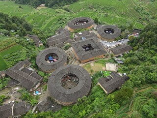 Fujian Tulou, set amongst rice, tea and tobacco fields.